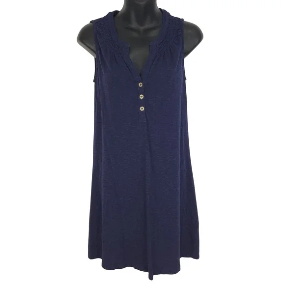 Lilly Pulitzer Essie Navy Blue Smocked Henley Sleeveless Shift Dress XS 23597 - Picture 1 of 8
